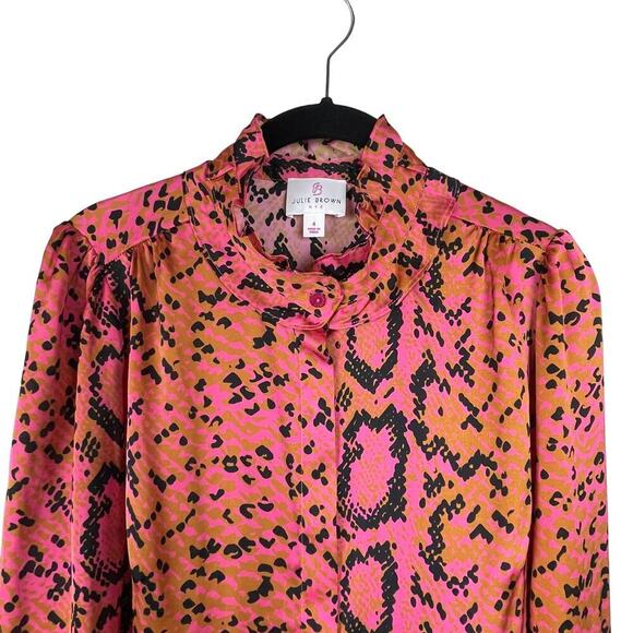 Julie Brown NYC Button Up Hidden Placket Shirt Size 5 Reptile Pink Black - Picture 2 of 9